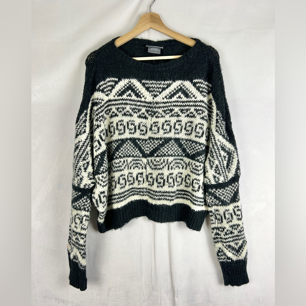 WOODEN SHIPS Mohair Wool Nordic Knit Sweater Oversized Med-Large Fair Isle Black